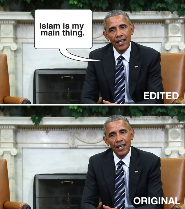 Illustration for article titled Debunked: The Photo Of Obama With A Speech Balloon Saying ‘Islam Is My Main Thing’ Has Been Proven To Be Doctored